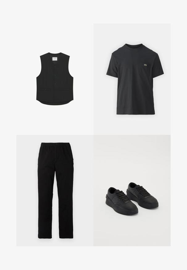 Black sleeveless vest made of smooth fabric featuring a button-down front, two front pockets, and a rounded hem design. Brand label visible.; Black cotton t-shirt with short sleeves, round neckline, and a small green logo on the left chest pocket. Simple design, regular fit.; Black pants made of cotton blend fabric, featuring a straight cut, elastic waistband with button, and no visible patterns or accents.; Black sneakers made of smooth leather with a cushioned sole. Features include flat laces, perforations on the toe, and a sleek silhouette.