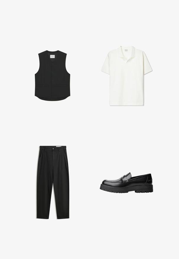 Črna brezrokavnica iz gladkega blaga, ki ima gumbasto zapiranje spredaj, dve sprednji žepki in zaokrožen rob. Vidna blagovna oznaka.; Polo majica s kratkimi rokavi iz svetlo bele ribane tkanine, z značilnim ovratnikom in ravnim robom. Minimalističen dizajn brez okrasnih elementov.; Črne bombažne hlače s sproščenim krojem, ki vključujejo klasičen pas, sprednje gube in stranske žepke. Gladka tekstura brez vzorcev.; Črne usnjene loafersice s debelim profiliranim podplatom in dekorativnim pasom čez zgornji del, prikazane v levem stranskem profilu na beli podlagi.