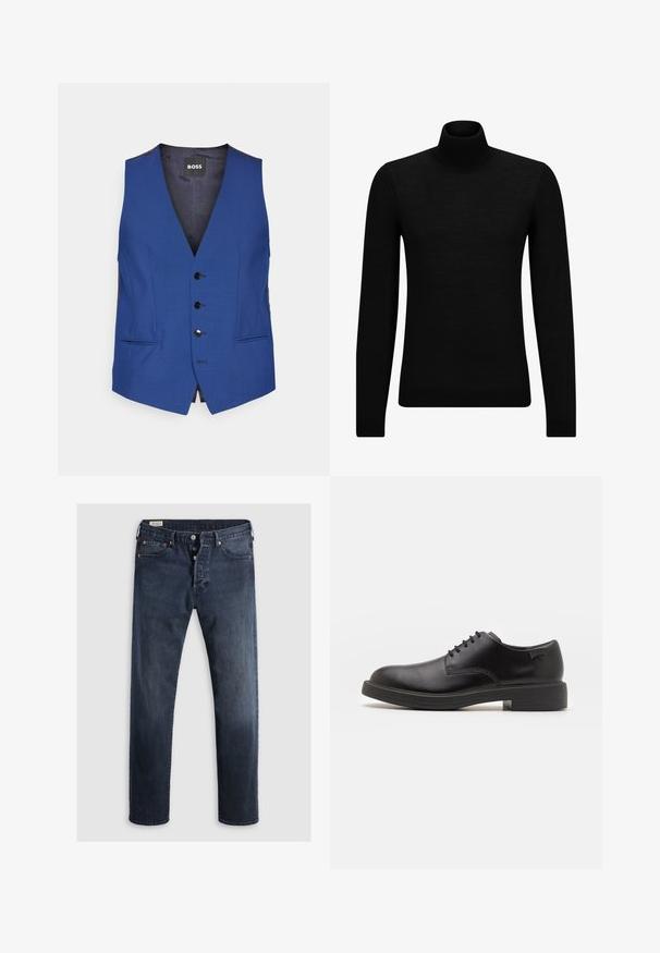 Sinine vest sügava V-kaelusega, viie musta nööbiga, küljetaskudega ja sileda tekstuuriga. Silt ütleb "BOSS."; Musthave muströid ja pehmest materjalist must turtleneck, millel on pikad varrukad ja tihe istuvus. Ribaga ääris allservas ja vöökohal. Lihtne disain.; Tumed sinised teksad sirge jala lõikega, mis on varustatud tõmbluku ja metallnuppudega ning vasksete nupuvajutustega. Sile tekstuur, nähtavaid mustreid pole.; Must beemel levalis kingad ümarate varvastega, sileda pinnaga, minimaalsete õmblustega ja madala kummist kontsaga. Logo kontsa peal.