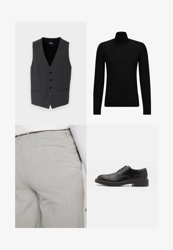 Tumehall vest, mis on slim fit lõikega, viie nööbiga sulgemisega, nurgeliste kraedega ja kahe esisekundiga. Valmistatud tekstuurist kangast. Brändi silt: BOSS.; Musthave muströid ja pehmest materjalist must turtleneck, millel on pikad varrukad ja tihe istuvus. Ribaga ääris allservas ja vöökohal. Lihtne disain.; Heledat hallid kohandatud püksid tekstuurse kangaga, millel on üks tagatasku ja puhas õmblus.; Must beemel levalis kingad ümarate varvastega, sileda pinnaga, minimaalsete õmblustega ja madala kummist kontsaga. Logo kontsa peal.