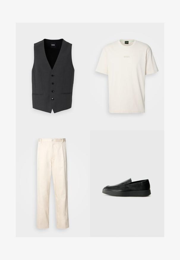 Temno siva brezrokavnik s slim fit krojem, petimi gumbi za zapiranje, zareznimi reverji in dvema sprednjima žepoma. Narejen iz teksturirane tkanine. Blagovna znamka: BOSS.; BOSS TEE - Navadna majica - open white; Bež cottone hlače s ravnim krojem, ki imajo gumbasto zapiranje in nabore spredaj za dodatne detajle.; Calvin Klein HYBRID CUP - Čevlji brez vezalk - triple black