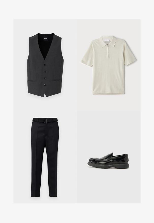 Temno siva brezrokavnik s slim fit krojem, petimi gumbi za zapiranje, zareznimi reverji in dvema sprednjima žepoma. Narejen iz teksturirane tkanine. Blagovna znamka: BOSS.; Polo majica s kratkimi rokavi v svetlo bež barvi z zadrgo pri ovratniku. Narejena iz gladkega materiala, ima preprost, sodoben dizajn brez vzorcev.; Črne krojene hlače so narejene iz gladkega materiala, imajo ravno krojenje in pas z obročkom v pravokotnem oblikovanju. Oznake na sprednji strani dodatno izboljšajo videz.; Črne usnjene loafer čevlje z sijajno obdelavo, okroglo špico, subtilnimi šivi in debelim gumijastim podplatom za trajnost.