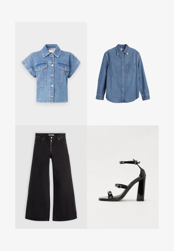 Svijetloplavi traper jakna kratkih rukava s ovratnikom, kopčanjem sprijeda i dva velika džepa na prsima. Ima detalje šivanja i srebrne gumbe.; Svijetloplava traper košulja dugih rukava, s naoštrenim ovratnikom, dva džepa na prsima i kontrastnim šavovima. Sadrži dizajn yoke u zapadnjačkom stilu.; Široke traperice od crnog denima s prednjim zatvaračem, dizajnom s pet džepova i suptilnim detaljima šivanja. Glatka tekstura i ležeran stil.; Crne lakirane sandale na pete sa kvadratnim nosom, trakama oko gležnja i srebrnim kopčama. Imaju čvrst blok petu za stabilnost.