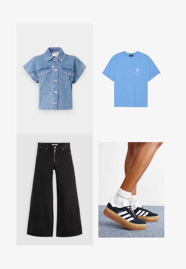 Svetlomodrá riflová krátkorpová bunda s golierom, zapínaním na gombíky a dvoma veľkými náprsními vreckami. Obsahuje prešitie a strieborné gombíky.; Svetlo modré bavlnené tričko s okrúhlym výstrihom. Na ľavej strane hrude sa nachádza biely grafický motív palmy a text. Krátke rukávy.; Dlhé nohavice vo voľnom strihu z čierneho denimu so zipsom vpredu, päť vrecúškovým dizajnom a jemnými stehovými detailmi. Hladká textúra a neformálny štýl.; Čierne semišové tenisky s bielymi pruhmi a detailmi, so zaoblenou špičkou, podrážkou z gumovej gumy, doplnené bielymi rebrovanými ponožkami.