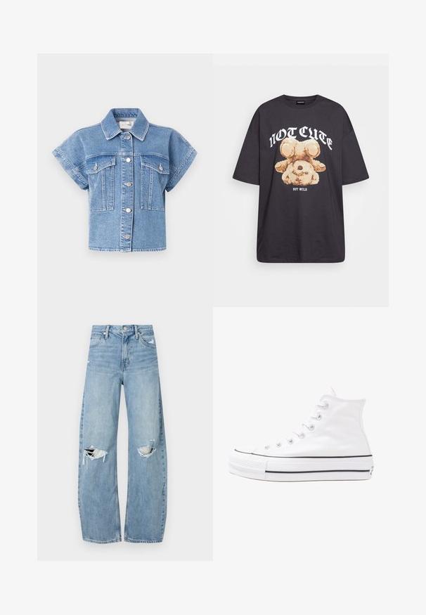 Lyseblå denimjakke med kort erm og krage, knapfront og to store brystlommer. Har søm og sølvknapper.; Svart oversized t-skjorte med en grafikk av en bjørn og teksten "IKKE SØT, MEN VILL" i fet, hvit skrift. Laget av bomull.; Lyseblå høytlivsjeans laget av denim. Har vide bein, to revne knær og klassisk fem-lommers design.; Hvit høy-skinn kanvas sneakers med svart gummisåle, gummitåhette foran og seks hull for snorer, med et rent, minimalistisk design.