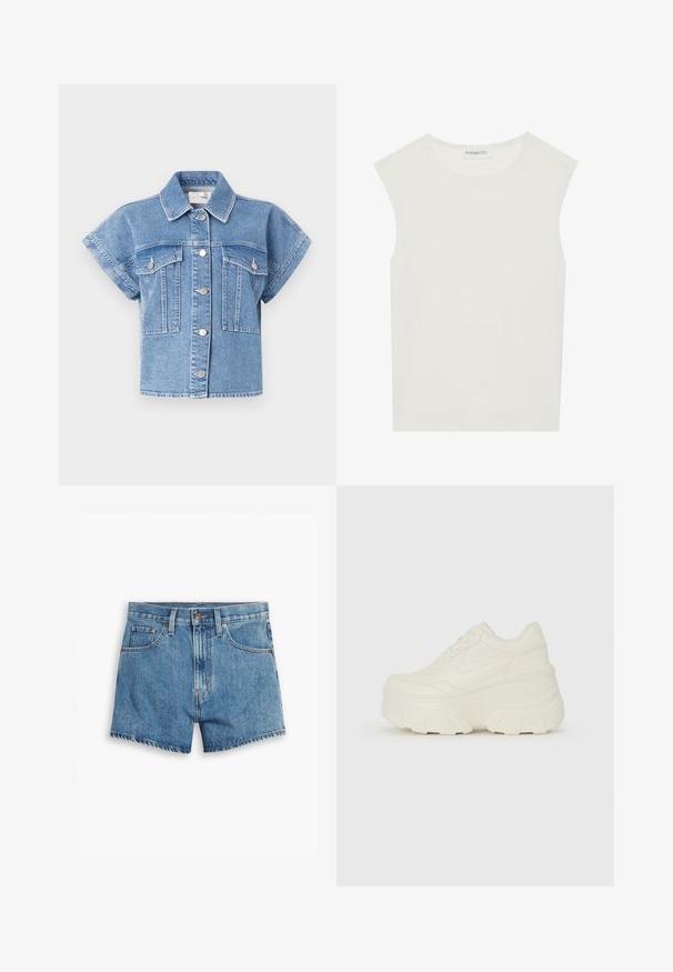 Lyseblå denimjakke med kort erm og krage, knapfront og to store brystlommer. Har søm og sølvknapper.; Hvit ermeløs topp med rund hals. Laget av glatt stoff, har den en avslappet passform og minimalistisk design. Ingen mønstre eller detaljer.; Lys blå denimshorts med fem lommer, glidelås og knappefeste. Bunnkanten er slitt med et avslappet passformdesign.; Hvite plattformsnickers med en glatt læraktig overdel, avrundet form, polstret krage og teksturert gummisåle med tydelige dekk.