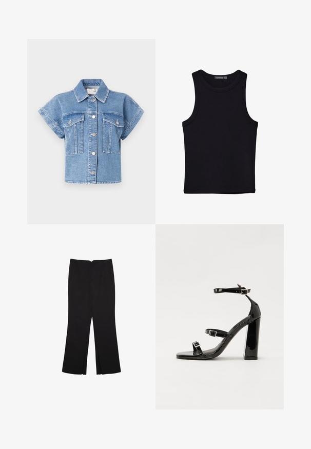 Svetlomodrá riflová krátkorpová bunda s golierom, zapínaním na gombíky a dvoma veľkými náprsními vreckami. Obsahuje prešitie a strieborné gombíky.; Čierny tank top vyrobený z bavlny, s okrúhlym výstrihom a širokými ramienkami. Hladká textúra so zošitými okrajmi. Klasický, minimalistický dizajn.; Čierne nohavice so strihom rovného strihu, s prednými vreckami a bočnými rozparkami na leme. Vyrobené z mäkkej, hladkej tkaniny. Vhodné na rôzne príležitosti.; Čierne lakované sandále na vysokom opätku s dvoma prackami, štvorcovou špičkou a hrubým blokovým opätkom, s hladkou, lesklou textúrou.