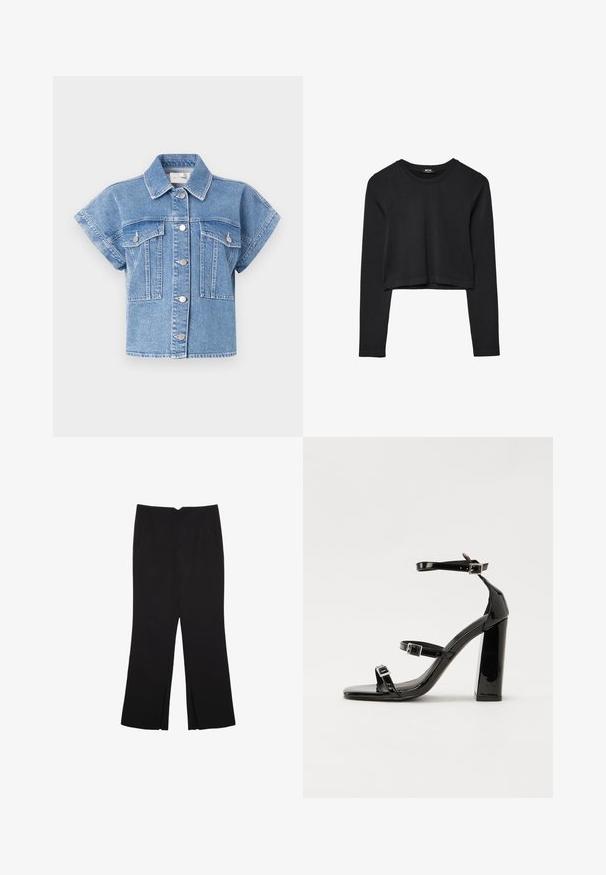 Jasnoniebieska dżinsowa kurtka z krótkim rękawem, z kołnierzykiem, zapinana na guziki, z dwiema dużymi kieszeniami na piersiach. Ma ozdobne przeszycia i srebrne guziki.; Czarny krótki top z długim rękawem, okrągłym dekoltem, gładkim wzorem i lekko zaokrąglonym dołem.; Czarne spodnie o prostym kroju, z przednimi kieszeniami i bocznymi rozcięciami na dole. Wykonane z miękkiego, gładkiego materiału. Odpowiednie na różne okazje.; Czarne lakierowane sandały na wysokim obcasie, z dwoma paskami zapinanymi na klamry, kwadratowy nosek i masywny obcas typu słupek, o gładkiej, błyszczącej fakturze.