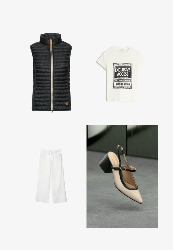 Sort polstret vest med høj krave, vandret syninger, sølvfarvet frontlynlås og lille brun læderdetalje nederst til venstre.; Hvid T-shirt med sort tekst, der promoverer et musikarrangement, med teksten "Eksklusiv Adgang," "Rock Indie Koncerter," og "Superstar Musikoplevelse."; Hvide bukser med vidde lavet af blødt stof, med bindebånd i taljen og to forlommer. Glat tekstur og uden synlige mønstre.; Beige høje hæle slingback-sko med spids tå, sort kant og spænde detalje. Glat materiale med mat finish, mellemstor blokhæl.