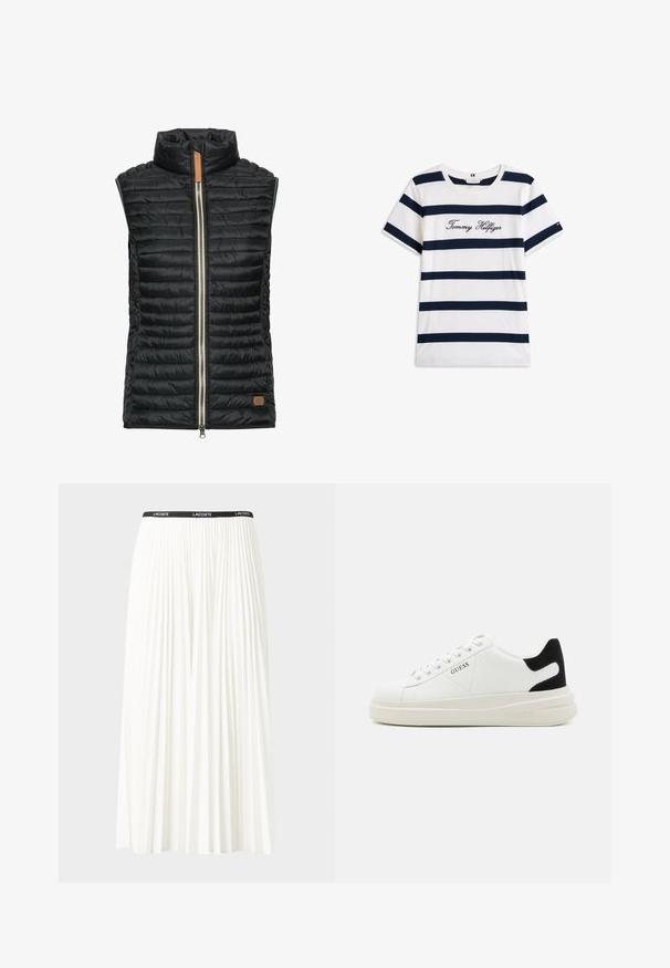 Sort polstret vest med høj krave, vandret syninger, sølvfarvet frontlynlås og lille brun læderdetalje nederst til venstre.; T-shirt i bomuld med vandrette marineblå striber på en hvid baggrund. "Tommy Hilfiger" broderet i kursiv på brystet. Rund hals.; Plisseret hvid nederdel med en sort elastisk talje, der har "LACOSTE"-logoet. Mellemlang design med blød tekstur.; Hvide lædersneakers med en tyk hvid sål, sort ruskindhælvægt og prægede logoer på siden. Snørebåndsdesign med seks øjer.
