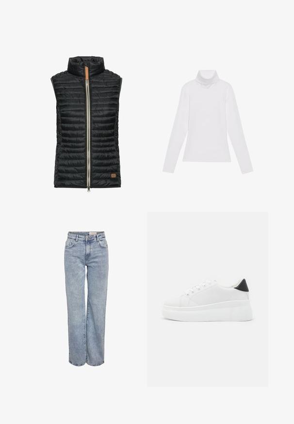 Sort polstret vest med høj krave, vandret syninger, sølvfarvet frontlynlås og lille brun læderdetalje nederst til venstre.; Hvid langærmet turtle-neck top lavet af glat, strækbart stof. Har en høj krave og tætsiddende design, uden synlige mønstre eller udsmykninger.; Lyseblå vidde jeans lavet af denim, med høj talje, fem-lomme design og subtil falmning for et slidt look.; Hvide platform sneakers lavet af glat syntetisk materiale, med en afrundet tå, snørebåndsdesign og en struktureret gummisål. Sorte hæl akcent.