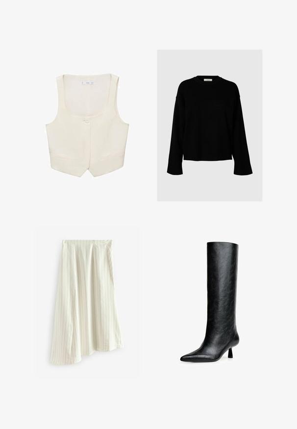 Beżowy bezrękawnik z okrągłym dekoltem, zapięcie na jeden guzik i dwie kieszenie z przodu; gładki materiał z minimalnymi detalami.; Czarny sweter o luźnym kroju, z długimi rękawami, okrągłym dekoltem i ściągaczami, wykonany z miękkiego, teksturowanego materiału.; Prosta, biała koszulka wykonana z bawełny, z okrągłym dekoltem, krótkimi rękawami i luźnym krojem. Gładka faktura, bez wzorów czy akcentów.; Biała spódnica w paski, wykonana z lekkiego materiału, z pionowymi liniami w kontrastowym kolorze, o zwiewnym kroju w literę A.; Czarne, wysokie botki do kolan wykonane z fakturowanej skóry. Mają spiczasty nosek i mały, rozszerzający się obcas. Elegancki, gładki design z minimalnymi akcentami.