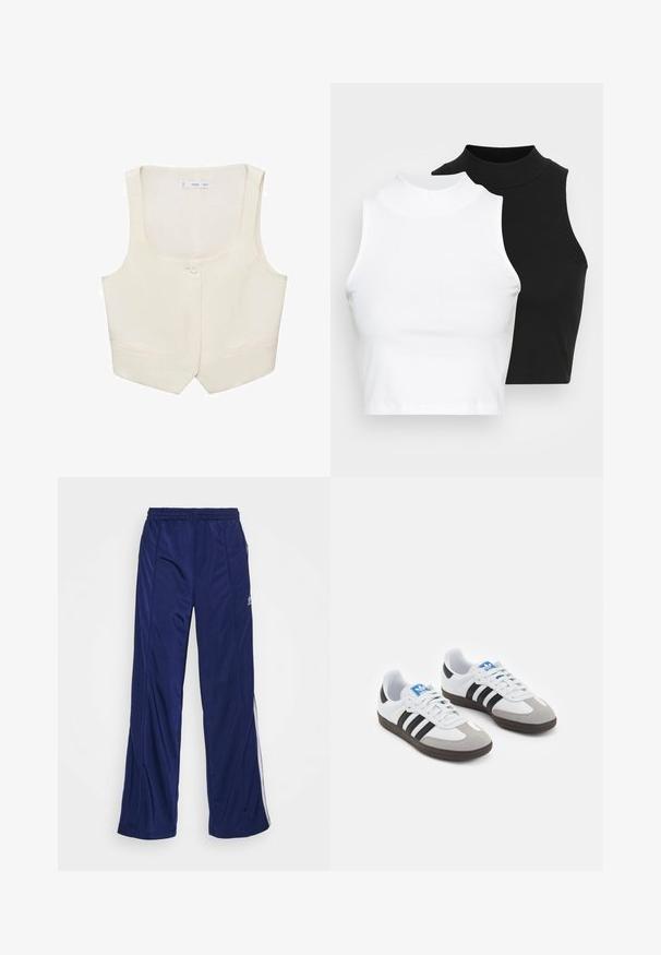 Beżowy bezrękawnik z okrągłym dekoltem, zapięcie na jeden guzik i dwie kieszenie z przodu; gładki materiał z minimalnymi detalami.; Dwa bezrękawnikowe golfy w kolorze czarnym i białym, charakteryzujące się dopasowanym fasonem i gładką teksturą, o skróconej długości.; Granatowe spodnie sportowe z elastycznym pasem, prostymi nogawkami i bocznymi zamkami. Posiadają białe lamówki po bokach. Gładka faktura materiału.; Buty sportowe z białą skórzaną cholewką, szarym zamszowym noskiem i trzema czarnymi paskami. Posiadają niebieskie logo na języku oraz teksturowaną gumową podeszwę.