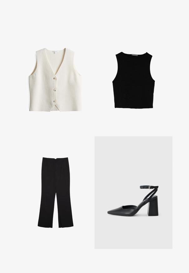 Weißer Wolle-Mix-Weste mit V-Ausschnitt, ärmellosem Design und vier runden Knöpfen auf der Vorderseite. Weiche Textur und leicht lockere Passform.; Schwarzes ärmelloses Crop-Top aus glattem Stoff, mit rundem Ausschnitt und einem klaren, schlichten Design ohne Muster oder Beschläge.; Schwarze Hose mit geradem Schnitt, ausgestattet mit Fronttaschen und Seitenschlitzen am Saum. Hergestellt aus weichem, glattem Stoff. Geeignet für verschiedene Anlässe.; Schwarze Leder-Pumps mit spitzer Zehe, einem Knöchelriemen und einem blockigen Absatz. Flache Textur, elegantes Design und minimalistische Ästhetik.