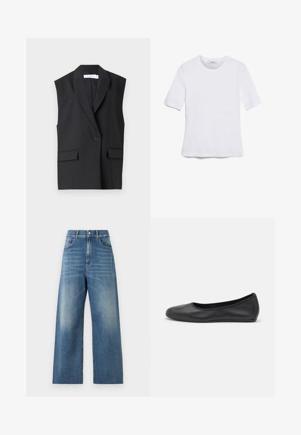 Musta hihaton bleiseri, joka on valmistettu sileästä kankaasta. Siinä on leikattu kaulus, yksi nappisulku ja kaksi etutaskua.; Valkoinen lyhythihainen t-paita, joka on valmistettu ribbytedusta kankaasta. Pyöreä pääntiie, normaali istuvuus ja hienovaraiset ompeluyksityiskohdat. Ei kuvioita tai grafiikkaa.; Korkeavyötäröiset, leveälahkeiset farkut sinisestä denimistä, jossa on kulutettu pinta. Ominaisuuksiin kuuluvat etutaskut ja yksittäinen napin sulku.; Musta nahkainen ballerina, jossa on pyöristetty kärki, sileä pinta, minimaalinen ommelkoristelu ja joustava pohjamuotoilu.