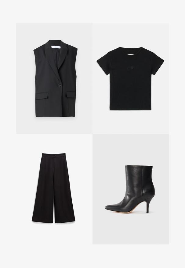 Schwarzer ärmelloser Blazer aus glattem Stoff mit Rückenschnitt, einem Knopfverschluss und zwei Fronttaschen.; Schwarzes Baumwoll-T-Shirt mit kurzen Ärmeln, Rundhalsausschnitt und einem kleinen Grafikdruck in einem helleren Farbton auf der Vorderseite.; Schwarze weit geschnittene Hose mit glatter Textur, Knopfverschluss an der Taille und lässiger Passform. Keine sichtbaren Muster oder Akzente.; Schwarze Leder-Ankle Boots mit spitzem Zeh, schlankem Stiletto-Absatz und glatter Textur. Minimalistisches Design ohne sichtbare Beschläge oder Akzente.