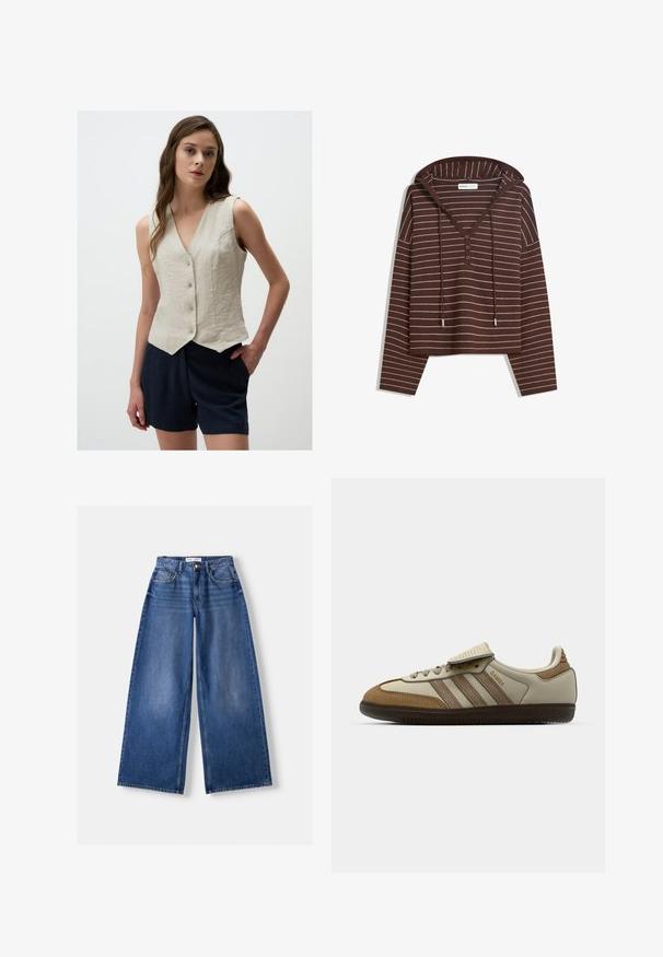 Ärmelwesten aus Leinen in hellbeige mit V-Ausschnitt, fünf Knöpfen auf der Vorderseite und einem leicht gewölbten Saum. Kombiniert mit dunklen Shorts.; Brauner Kapuzenpullover mit langen Ärmeln, weißen horizontalen Streifen, V-Ausschnitt mit drei Knöpfen und Zugbändern an der Kapuze, mit dem Etikett Bershka.; Bershka WIDE-LEG - Wide Leg - dark blue; Braune und cremefarbene Sportschuhe mit drei beigefarbenen Streifen, aus Wildleder und Leder gefertigt, Schnürdesign und Gummisohle. Textlogo an der Seite.