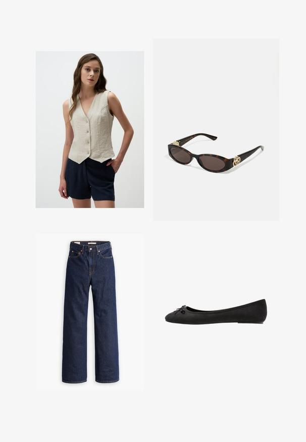 Linnen mouwloos vest in lichtbeige met een v-hals, vijf knopen aan de voorkant en een licht gebogen zoom. Gecombineerd met donkere shorts.; Lichtblauwe blouse van glanzende stof, met een klassieke kraag, knoopsluiting aan de voorkant, puffen mouwen en een gelaagde, gerimpelde zoom.; Donkerblauwe rechte spijkerbroek met vijf zakken, oranje stiksels en een knopen sluiting.; Zwarte suède ballerina's met een ronde neus, voorzien van een decoratieve strik aan de voorkant en een platte zool. Glad textuur en klassieke vorm.; Schildpadbril met langwerpige ovale lenzen, bruine tint, gouden logo-accenten op de pootjes en slanke zwarte armen.; Witte gewatteerde handtas met een gouden kettingriem en rechthoekige sluiting. Beschikt over een gladde textuur en een geometrisch stiksels patroon.