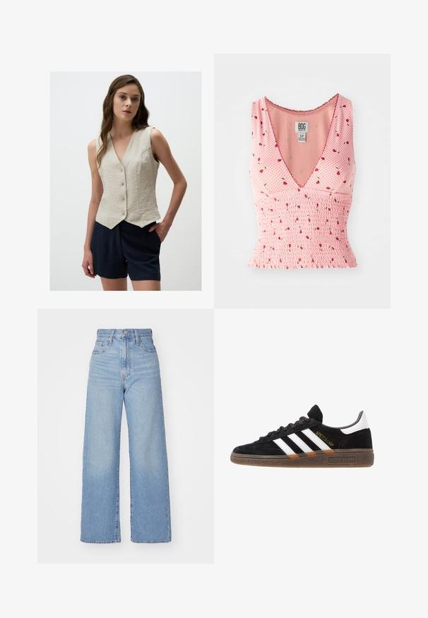 Ärmelwesten aus Leinen in hellbeige mit V-Ausschnitt, fünf Knöpfen auf der Vorderseite und einem leicht gewölbten Saum. Kombiniert mit dunklen Shorts.; Rosa ärmellose Bluse mit V-Ausschnitt, mit Rüschendetails und floralen Mustern. Kleine rote Blumen sind auf einem Punktmuster-Hintergrund verteilt.; Hellblaue High-Waist-Weite-Leg-Jeans mit Knopf- und Reißverschluss vorne, Vorder- und Rückentaschen, auf weißem Hintergrund.; Schwarzer Adidas Sneaker mit weißen Streifen, goldenem "Spezial"-Text, Gummisohle und weißem Fersenbereich, seitliche Ansicht.
