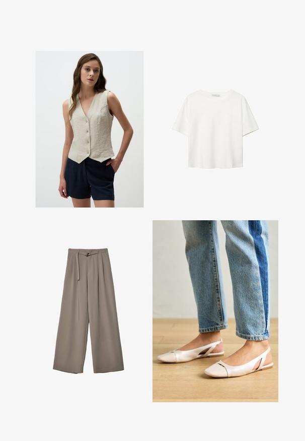 Ärmelwesten aus Leinen in hellbeige mit V-Ausschnitt, fünf Knöpfen auf der Vorderseite und einem leicht gewölbten Saum. Kombiniert mit dunklen Shorts.; Weißes T-Shirt mit kurzen Ärmeln aus Baumwolle. Hat einen Rundhalsausschnitt und eine lockere Passform. Glatte Textur ohne sichtbare Muster oder Akzente.; Weite Hose aus einem weichen, gedämpften grauen Stoff, mit einem taillierten Bund und Falten für zusätzliche Design-Details. Glatte Textur, keine Muster.; Blassrosa Slingback-Ballerinas mit spitzem Punkt, aus einem glatten, lederähnlichen Material. Mit Ausschnitten an den Seiten und einem flachen Absatz.