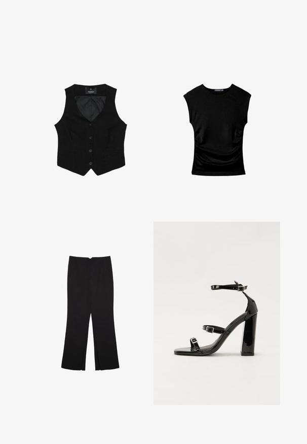 Gilet nero con scollatura a V, cinque bottoni frontali, due tasche laterali e una fodera interna liscia. Nessun motivo visibile o dettagli in metallo.; Top nero a maniche corte aderente con scollo rotondo e leggero arricciamento su entrambi i lati, disteso su sfondo bianco.; Pantaloni neri a gamba dritta, con tasche frontali e spacchi laterali all'orlo. Realizzati in tessuto morbido e liscio. Adatti a diverse occasioni.; Sandali con tacco in vernice nera, con punta squadrata, cinturini alla caviglia e fibbie in argento. Presentano un tacco a blocco spesso per maggiore stabilità.