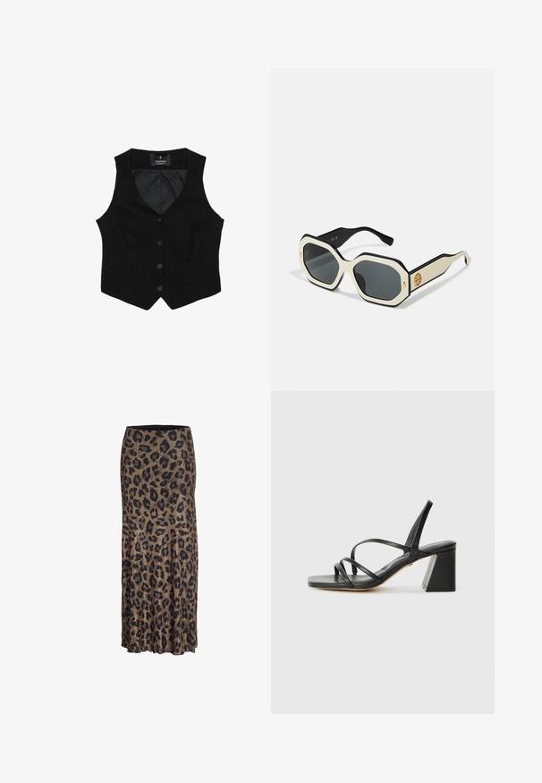 Gilet nero con scollatura a V, cinque bottoni frontali, due tasche laterali e una fodera interna liscia. Nessun motivo visibile o dettagli in metallo.; T-shirt nero a maniche corte realizzato in tessuto morbido. Presenta un classico collo rotondo e una vestibilità rilassata. Nessun motivo o accento visibile.; Gonna leopard stampata in marrone e nero, con un design fluido e un orlo leggermente arricciato, realizzata in un tessuto leggero e morbido.; Sandali neri con tacco a stiletto, caratterizzati da una punta quadrata, molteplici fasce sottili e un tacco bloccato geometrico. Texture in pelle liscia e design minimalista.; Occhiali da sole con un telaio bianco ottagonale, bordi neri e lenti grigie. Il dettaglio del logo dorato sul lato aggiunge un tocco distintivo.