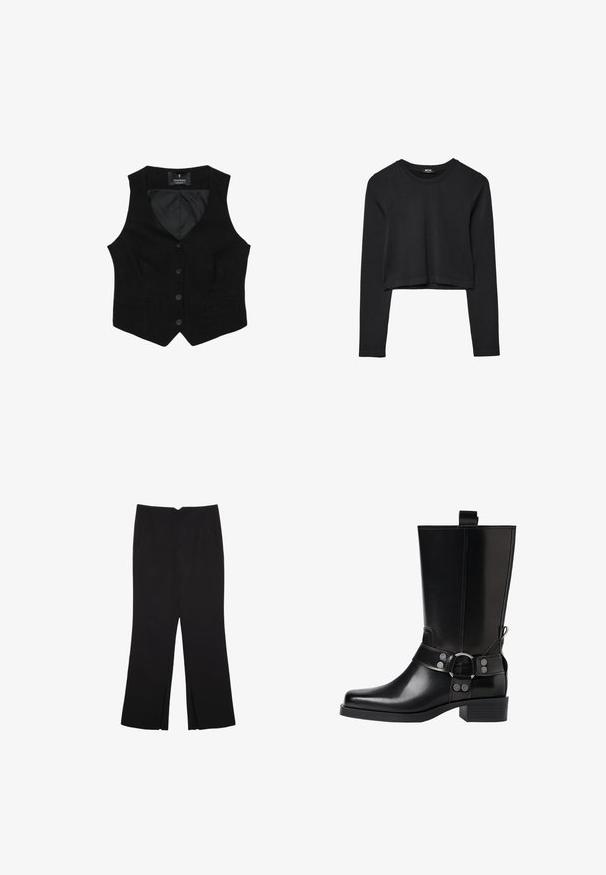 Gilet noir avec un décolleté en V, cinq boutons sur le devant, deux poches latérales et une doublure intérieure lisse. Pas de motifs visibles ni d'accents en matériel.; Haut court à manches longues noir avec encolure ronde, design uni et ourlet légèrement arrondi.; Pantalon noir avec une coupe droite, doté de poches avant et d'éclairs sur l'ourlet. Fabriqué en tissu doux et lisse. Convient à diverses occasions.; Botte noire en cuir, montante jusqu'au genou, avec un bout pointu, des accents en boucle en argent et un talon épais. Présente une languette pour un enfilage facile.
