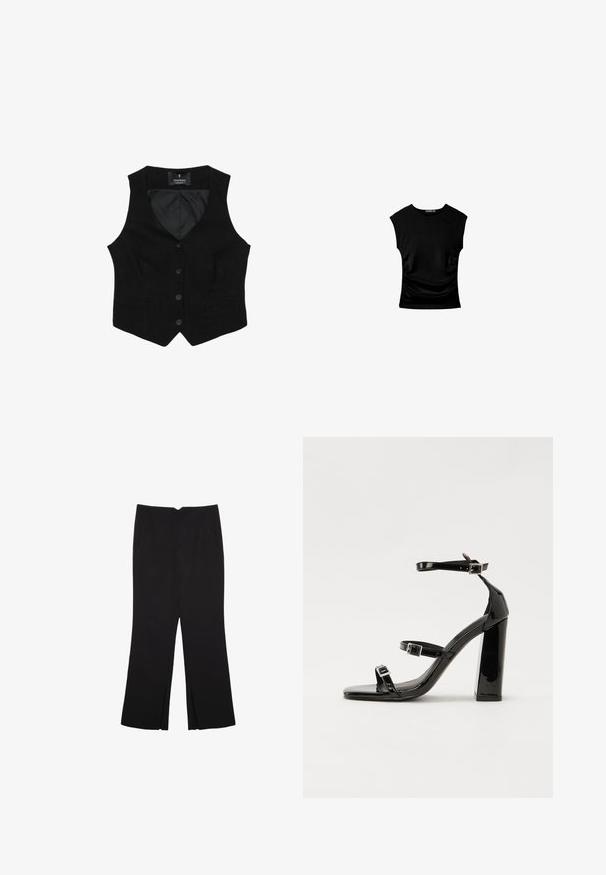 Black vest with a v-neckline, five buttons down the front, two side pockets, and a smooth inner lining. No visible patterns or hardware accents.; Black short-sleeve top with a fitted silhouette, featuring gathered side detailing and a smooth, stretchy fabric for comfort.; Black trousers with a straight fit, featuring front pockets and side slits at the hem. Made of soft, smooth fabric. Suitable for various occasions.; Black patent heeled sandals with a square toe, ankle straps, and silver buckles. Features a chunky block heel for stability.