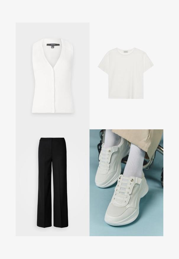 Baltas raštuotas megztas be rankovių kardiganas, su V formos iškirpte ir šešiais mygtukais priekyje. Su apykakle, minkštos tekstūros.; Balta trumpa rankovė T-marškiniai, pagaminti iš minkštos medvilnės. Charakterizuojami apvali kaklo iškirpte ir laisvu siluetu. Švarus dizainas be matomų raštų ar akcentų.; Juodos plačios kojų kelnės su lygia medžiaga, pasižyminčios aukštu liemeniu, pritaikytais siūlėmis ir minimalistiniu dizainu. Nėra matomų metalo detalių ar kišenių.; Baltos sportbačiai su tinklelio medžiaga, guminiais padais, be raištelių dizainu su elastinėmis juostelėmis ir auksinėmis detalėmis.