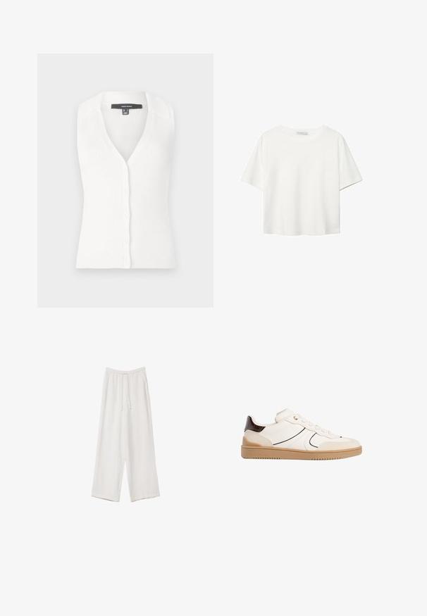 Bílý pletený bezrukávový kardigan s vroubkovaným vzorem, se skládaným výstřihem do V a šesti knoflíky na přední straně. Návrh s límečkem a jemnou texturou.; Bílý krátký rukáv tričko vyrobené z bavlny. Má kulatý výstřih a volný střih. Hladký materiál bez viditelných vzorů nebo akcentů.; Bílé široké kalhoty vyrobené z lehké tkaniny. Mají elastický pas se šňůrkou a boční kapsy. Hladká textura.; Stradivarius Tenisky - white