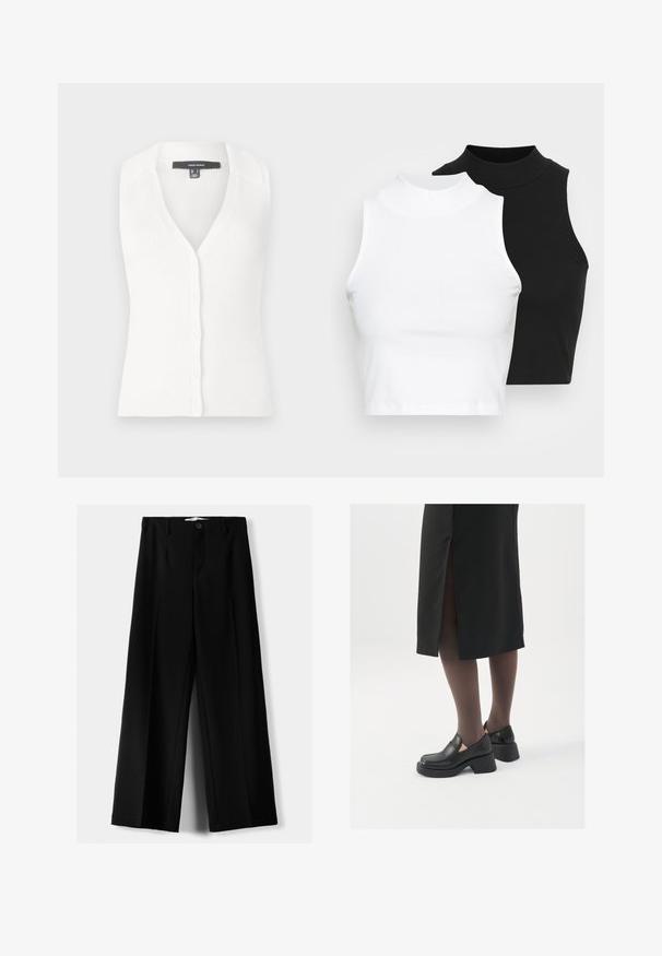 Bílý pletený bezrukávový kardigan s vroubkovaným vzorem, se skládaným výstřihem do V a šesti knoflíky na přední straně. Návrh s límečkem a jemnou texturou.; Dvě bezrukávové halenky s ribovým stojáčkem v černé a bílé barvě, které mají přiléhavý střih a hladkou texturu, s krácenou délkou.; Černé široké kalhoty z lehkého materiálu s předním zapínáním na knoflík a hladkým předním dílem, s pečlivě přišitými lemy.; Černé kožené boty s kulatou špičkou, silným blokovým podpatkem a elastickými bočními akcenty, spárované s tmavými punčochami a černou sukní se rozparkem.