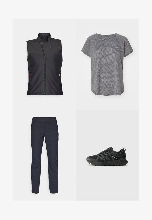 Fekete szigetelt mellény magas gallérral, cipzárral, oldalsó zsebekkel és hálós díszítéssel az elején. Könnyű, elegáns dizájn.; Szürke rövid ujjú póló, finom textúrával, kerek nyakkivágással és Columbia logóval a mellkason. Puha anyag, kényelmes fazon.; Sötétkék nadrág sima anyagból, elülső gombos záródással, slim-fit fazonnal és gyűrött részletekkel a térdeken.; Columbia PEAKFREAK - Túracipők - black