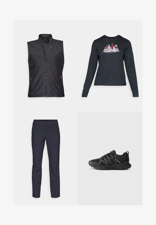 Colete isolado preto com gola alta, fecho de zíper, bolsos laterais e detalhes em malha na parte da frente. Design leve e elegante.; Camisa de mangas longas cinza escuro com um gráfico de árvores vermelhas e montanhas; logótipo "COLUMBIA" em texto branco em negrito. Tecido suave, cuello redondo padrão.; Calças azul-marinho feitas de tecido liso, com fecho frontal em botão, design slim-fit e detalhes pregueados nos joelhos.; Columbia PEAKFREAK - Sapatos de caminhada - black