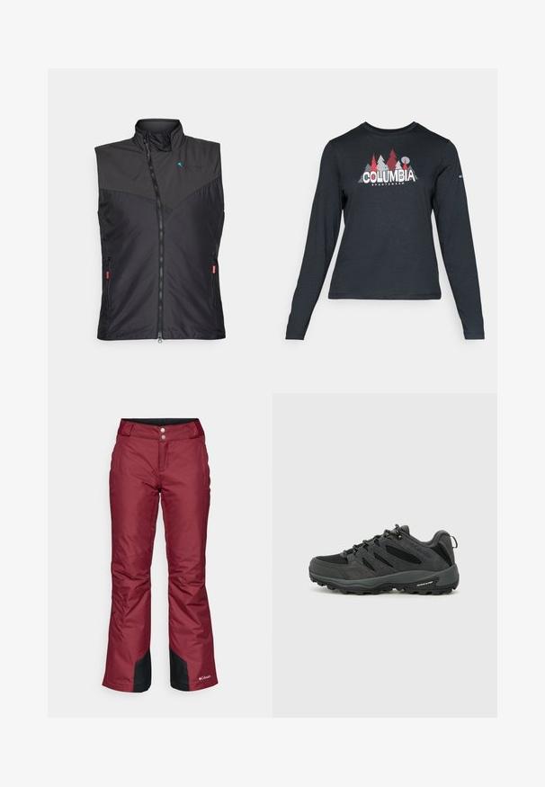 Gilet isolato nero con colletto alto, chiusura a zip, tasche laterali e dettagli in rete sul davanti. Design leggero e elegante.; Maglietta a maniche lunghe grigia scura con una grafica di alberi rossi e montagne; logo "COLUMBIA" in caratteri bianchi in grassetto. Tessuto morbido, scollatura a girocollo standard.; Pantaloni da sci impermeabili rossi con vestibilità dritta, due tasche frontali, ventile laterali con zip e dettagli neri ai polsini. Vita regolabile.; Columbia REDMOND - Scarpa da hiking - black/citron haze