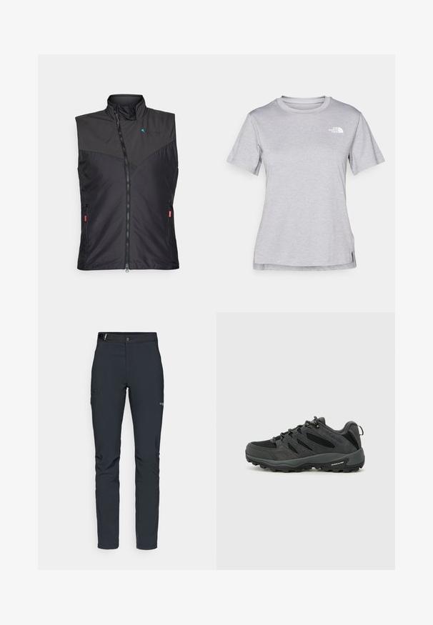 Černá zateplená vesta s vysokým límcem, zipovým uzávěrem, bočními kapsami a síťovinovými detaily na přední straně. Lehce a elegantně designovaná.; Šedé tričko s krátkým rukávem vyrobené z měkké, vlhkosti odvádějící tkaniny. Obsahuje kulatý výstřih a malé bílé logo na levém horním rukávu.; Pánské outdoorové kalhoty, tmavě šedé, vyrobené z flexibilního materiálu, s pásem, zipovými kapsami a vyztuženým švem.; Columbia REDMOND - Trekingové boty - black/citron haze
