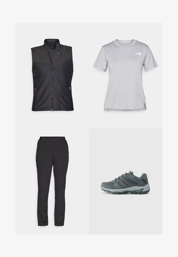 Črna izolirana brezrokavnika z visokim ovratnikom, zadrgo, stranskimi žepi in mrežastimi detajli spredaj. Lichten, eleganten dizajn.; Siva kratka majica s kratkimi rokavi, izdelana iz mehkega, vlago odvračajočega materiala. Ima okroglo izrez in majhen bel logotip na zgornji levi strani.; Črne zunanje hlače, narejene iz lahkega materiala, imajo ravno obliko nogavic, zadrge na stranskih žepih in nastavljiv pas.; Temno sivi pohodniki z zgornjim delom iz mrežaste in semiš usnja, s sistemom zavezovanja, oblazinjeno podplatom in robustnim podplatom z vzorcem za dober oprijem.