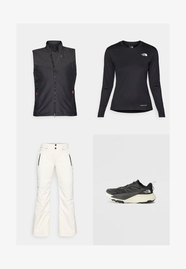 Crni, izolirani prsluk s visokim ovratnikom, zatvaranjem na patentni zatvarač, bočnim džepovima i mrežnim detaljima sprijeda. Lagani, elegantni dizajn.; The North Face SHADOW LONG SLEEVE - Top dugih rukava - black; Bijele skijaške hlače s glatkom teksturom, sadrže dva zip zatvorena bočna džepa, dva dugmeta u struku i blago prošireni dizajn nogavica.; Crna atletska cipela s teksturiranim gornjim dijelom, sivim detaljima i bijelim međuslojem. Ima držač i istaknutu marku na peti.