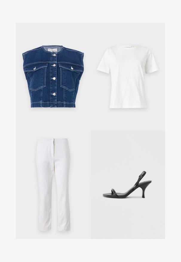 Tummansininen farkkiliivi, jossa on pyöreä kaula-aukko, hihaton malli, neljä etutaskua ja hopeiset napit edessä.; Valkoinen puuvillapaita lyhyillä hihoilla, pyöreällä kaula-aukolla ja rentolla istuvuudella. Sujuva rakenne, ei kuvioita tai yksityiskohtia, minimalistinen muotoilu.; Valkoiset puuvillahousut suoralla lahkeella, joissa on keskikorkea vyötärö ja ei näkyviä varusteita tai kuvioita. Ehjä pinta kauttaaltaan.; Mustat nahkaiset korkokengät, joissa on hoikka, kaareva korko ja ristiin menevä hihnadesign. Säädettävä nilkkahihna. Silkkinen pinta.