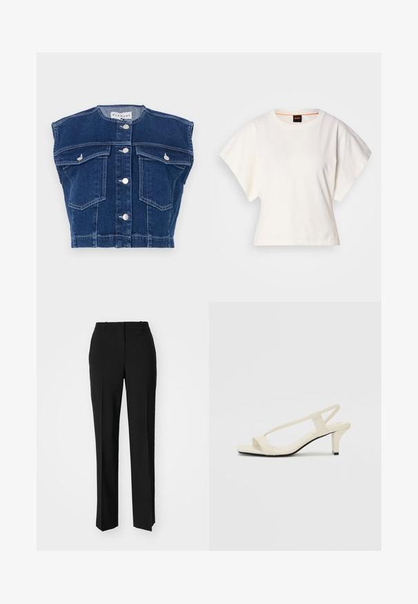 Tume sinine denimist vest, millel on ümar kaelus, ilma varrukateta disain, neli eesmist taskut ja hõbedased nupud ees.; Valge lühikeste laiadte varrukatega lühike T-särk, pehme puuvillane materjal, ümar kaelus kergelt oranži ääristusega, minimaalne disain, ilma mustrite ja graafikateta.; Mustad ja sirged püksid, millel on sile tekstuur ja teravad voldid esiosas. Ilma nähtavate detailideta.; Beez blok-kandadesed õhukeste rihmadega ja ruudukujulise varbaga. Sile materjal minimaalsete detailidega, kujundatud mugavaks kandmiseks.