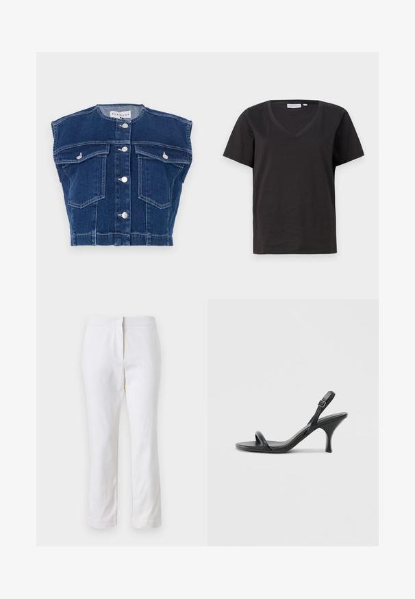 Tamno plavi teksas prsluk s okruglim izrezom, bez rukava, četiri prednja džepa i srebrnim gumbima duž prednje strane.; Crni pamučni T-shirt s V-izrezom i kratkim rukavima. Jednostavan dizajn s regularnom krojem i bez uzoraka ili akcenta.; Bijele pamučne hlače ravnog kroja, sa strukom srednje visine i bez vidljivih metalnih dijelova ili uzoraka. Glatka tekstura kroz cijelu dužinu.; Crne kožne sandale na visoku petu s tankom, zakrivljenom petom i dizajnom prekriženih traka. Podesiva traka oko gležnja. Glatka tekstura.
