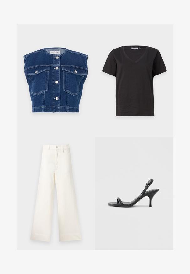 Tamsiai mėlyna džinsinė liemenė su apvaliu iškirpimu, be rankovių, keturiais priekiais kišenėmis ir sidabriniais mygtukais ties priekiu.; Juodas medvilninis marškinėlis su V formos iškirpte ir trumpomis rankovėmis. Paprastas dizainas, reguliaraus kirpimo, be raštų ar akcentų.; Platus kojų kelnes šviesiai smėlio spalvos medvilnės. Aukšta juosmens linija, priekinės kišenės ir tiesus kirpimas. Švarus apvadas be raštų.; Juodos odinės aukštakulnės šlepetės su plonu, kreiviu kulnu ir kryžminiu dirželio dizainu. Reguliuojamas kulkšnies dirželis. Lygus paviršius.