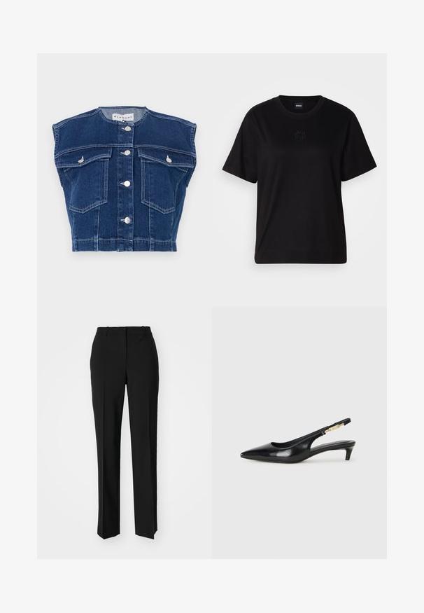 Σκούρο μπλε τζην γιλέκο με γύρους λαιμό και χωρίς μανίκια, τέσσερις μπροστινές τσέπες και ασημένια κουμπιά κατά μήκος του μπροστινού μέρους.; Μαύρο βαμβακερό μπλουζάκι με στρογγυλή λαιμόκοψη, κοντά μανίκια και κεντημένο λογότυπο στο στήθος. Απλή, χαλαρή γραμμή χωρίς σχέδια.; Μαύρο παντελόνι με ραφή που έχει σχεδιασμό ίσιας γραμμής, διαθέτει λεία υφή και καθαρές πτυχώσεις κατά μήκος της μπροστινής πλευράς. Χωρίς ορατό μεταλλικό υλικό.; Μαύρες δερμάτινες γόβες slingback με μυτερή μύτη, διαθέτοντας λεπτό τακούνι και χρυσή λεπτομέρεια στην ρυθμιζόμενη λωρίδα. Λείος υφές.