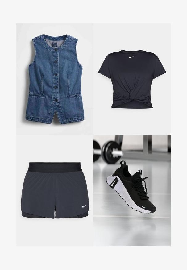 Kamizelka jeansowa z okrągłym dekoltem, zapięciem na guziki z przodu, dwoma kieszeniami i prostym krojem. Ciemnoniebieska tkanina o gładkiej fakturze.; Czarna sportowa koszulka z gładkiego materiału, z wiązanym przodem i małym białym logo Nike na piersi.; Czarne szorty sportowe z elastycznym pasem, o warstwowej konstrukcji i małym białym logo Nike na dolnym lewym boku. Wykonane z lekkiego materiału.; Czarne sportowe buty z teksturowaną cholewką z tkaniny, białą podeszwą i wyraźnym systemem sznurowania. Zawierają logo Nike oraz miękką, amortyzowaną konstrukcję.