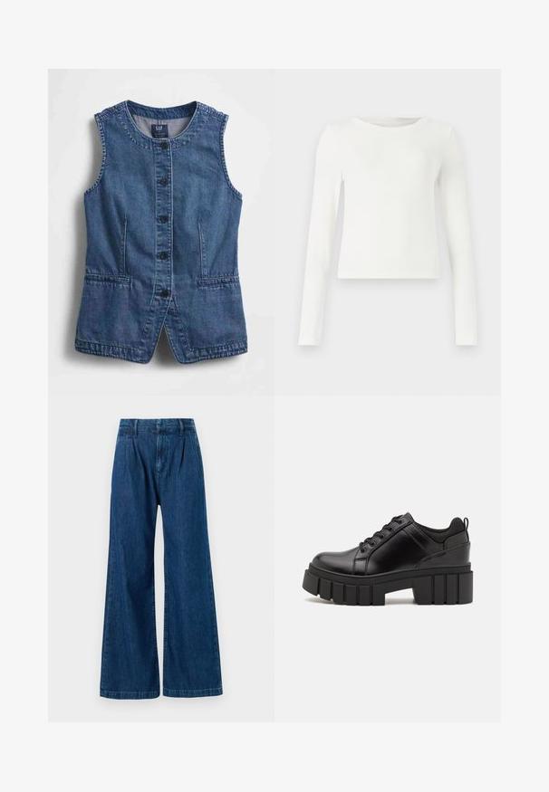 Džínová vesta s kulatým výstřihem, zapínáním na knoflíky vpředu, dvěma kapsami a přímým střihem. Tmavě modrá tkanina s hladkou texturou.; Bílé dlouhé rukávy žebrované tričko s kulatým výstřihem. Hladký povrch, přiléhavý střih a žádné viditelné vzory ani akcenty. Jednoduchý a minimalistický styl.; Široké džíny v tmavě modré barvě. Mají plisovaný přední díl a prošité detaily v pase a u lemu. Vyrobeny z bavlněné tkaniny.; Černé kožené platformové boty s masivním blokovým podpatkem, kulatou špičkou a tradičním šněrováním. Mají hladký povrch a minimální detaily.