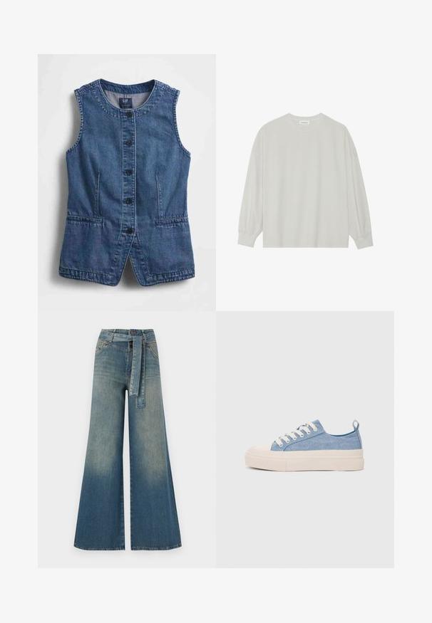 Vestă din denim cu decolteu rotund, închidere frontală cu nasturi, două buzunare și croială dreaptă. Material de culoare albastru închis, cu textură netedă.; Tricou pe șir cu mâneci lungi, de culoare gri deschis, confecționat din bumbac moale. Are o croială lejeră, decolteu rotund și manșete ușor bufante. Fără modele sau grafica.; Pantaloni din denim largi, cu un gradient de la albastru deschis la albastru închis, talie înaltă, bucle pentru curea și o curea din același material. Finisaj texturat din denim.; Sneakers din pânză de culoare albastru deschis, cu vârf și talon din cauciuc crem, având șireturi albe și un maner pe călcâi.