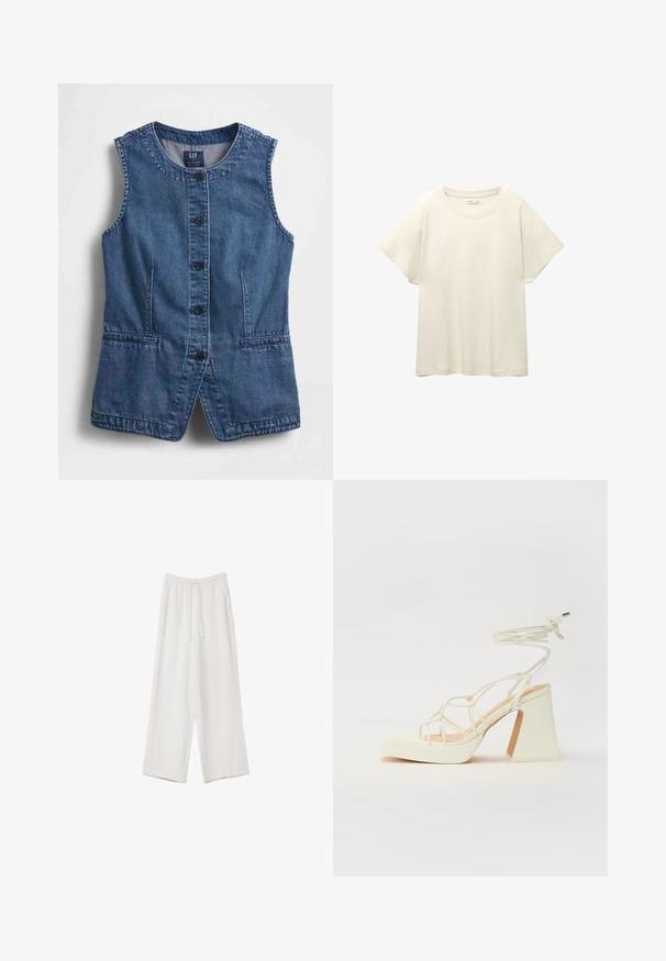 Džínová vesta s okrúhlym výstrihom, zapínaním na gombíky vpredu, dvoma vreckami a rovným strihom. Tmavomodrá látka s hladkou textúrou.; Svetlo béžové tričko s krátkym rukávom a okrúhlym výstrihom, vyrobené z jemnej, hladkej tkaniny. Má voľný strih a rovný lem.; Biele široké nohavice vyrobené z ľahkej tkaniny. Obsahujú elastický pás so sťahovacou šnúrkou a bočné vrecká. Hladká textúra.; Biele sandále na vysokom opätku s hrubým podpätkom, s pruhovaným dizajnom a viazaním na členku. Hladký povrch s platformou vpredu pre zvýšenú výšku.