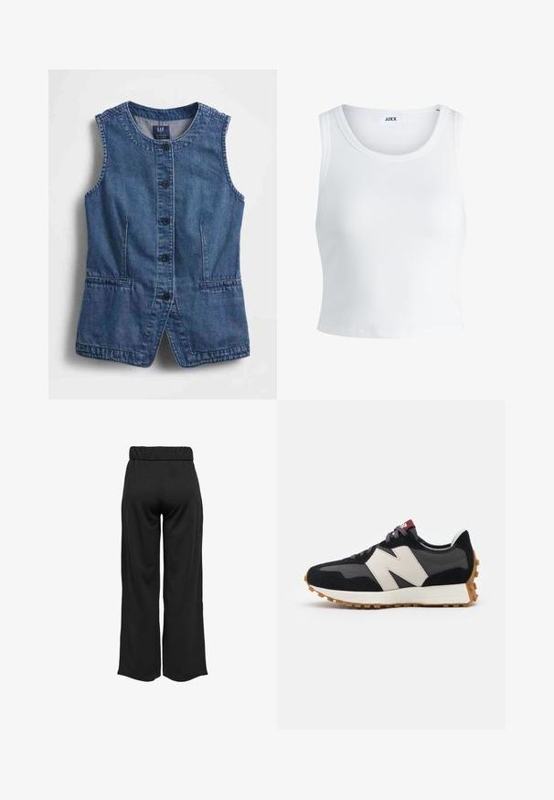 Jeansväst med rund halsringning, knäppning framtill, två fickor och rak passform. Mörkblått tyg med slät yta.; Vit ribbade linne med rund halsringning, ärmlös design och kort längd. Märket säger "JJXX." Slät tygkvalitet.; Svarta, vida byxor med elastisk midja, tillverkade av en mjuk tyg. Har en ren design utan fickor eller synliga sömdetaljer.; Svart och grå mocka sneaker med en stor krämfärgad "N"-logotyp, lila snören och en texturerad gummisula.