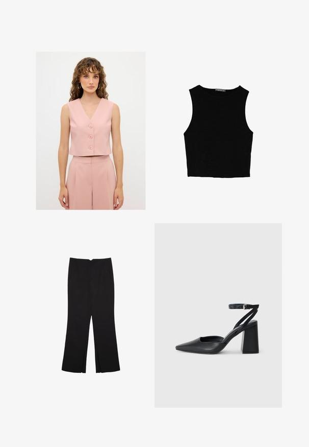 Helles, pinkes ärmelloses Crop-Top mit V-Ausschnitt und vier Knöpfen. Glattes, einfarbiges Material; kombiniert mit passenden hochgeschnittenen Hosen.; Schwarzes ärmelloses Crop-Top aus glattem Stoff, mit rundem Ausschnitt und einem klaren, schlichten Design ohne Muster oder Beschläge.; Schwarze Hose mit geradem Schnitt, ausgestattet mit Fronttaschen und Seitenschlitzen am Saum. Hergestellt aus weichem, glattem Stoff. Geeignet für verschiedene Anlässe.; Schwarze Leder-Pumps mit spitzer Zehe, einem Knöchelriemen und einem blockigen Absatz. Flache Textur, elegantes Design und minimalistische Ästhetik.