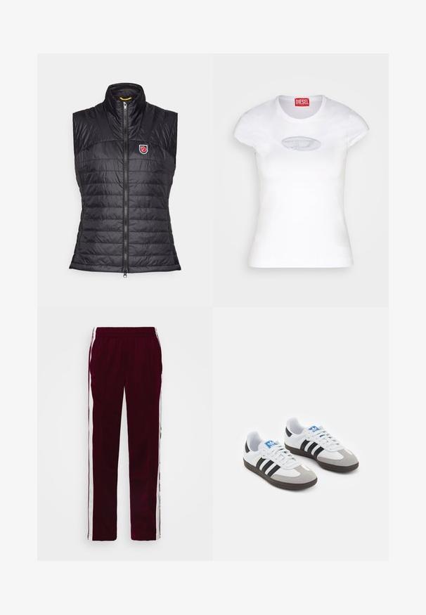 Svart ärmlös puffväst med hög krage, vågrät quiltad textur, dragkedja fram och en logotyp på vänster bröst.; Vit figursydd T-shirt i bomull med rund halsringning och korta ärmar, prydd med en ljusblå broderad logotyp på framsidan.; Bordeaux atletiska byxor med dragsko i midjan, vita sidostrecker och en slim fit. Tillverkade av ett mjukt, lätt tyg.; Sportskor med överdel i vit läder, grå mocka på tårna och tre svarta ränder. Har en blå logotyp på tungan och en texturerad gummisula.