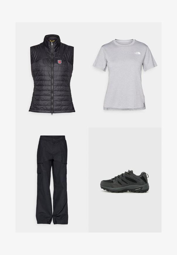 Vesta puffer neagră fără mâneci, cu guler înalt, textură matlasată orizontal, închidere cu fermoar în față și un patch cu logo pe pieptul stâng.; Tricou scurt cu mânecă gri, fabricat dintr-un material moale, care absoarbe umezeala. Are un guler rotund și un mic logo alb în partea stângă sus.; Columbia BREA FALLS™ COTTON RIPSTOP PANT - Pantaloni outdoor - black; Columbia REDMOND - Pantofi drumeție - black/citron haze
